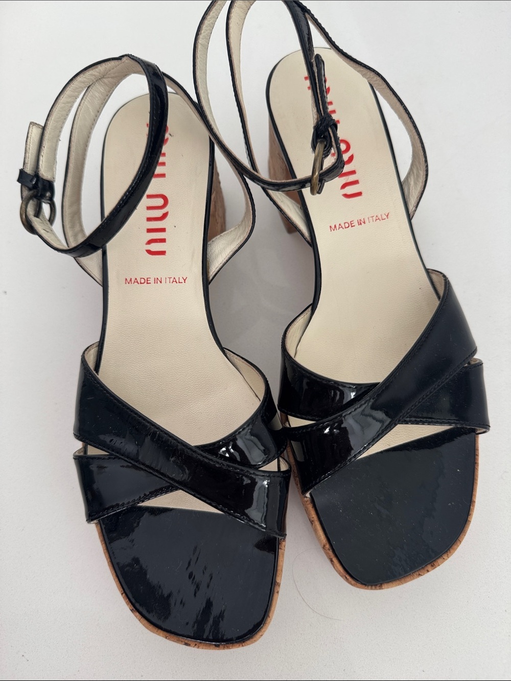 Miu Miu Black Patent Leather Cork Block Heel Sandals - Picture 2 of 7
